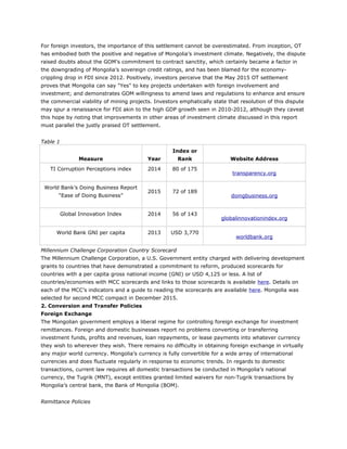 For foreign investors, the importance of this settlement cannot be overestimated. From inception, OT
has embodied both the positive and negative of Mongolia’s investment climate. Negatively, the dispute
raised doubts about the GOM’s commitment to contract sanctity, which certainly became a factor in
the downgrading of Mongolia’s sovereign credit ratings, and has been blamed for the economy-
crippling drop in FDI since 2012. Positively, investors perceive that the May 2015 OT settlement
proves that Mongolia can say "Yes" to key projects undertaken with foreign involvement and
investment; and demonstrates GOM willingness to amend laws and regulations to enhance and ensure
the commercial viability of mining projects. Investors emphatically state that resolution of this dispute
may spur a renaissance for FDI akin to the high GDP growth seen in 2010-2012, although they caveat
this hope by noting that improvements in other areas of investment climate discussed in this report
must parallel the justly praised OT settlement.
Table 1
Measure Year
Index or
Rank Website Address
TI Corruption Perceptions index 2014 80 of 175
transparency.org
World Bank’s Doing Business Report
“Ease of Doing Business”
2015 72 of 189
doingbusiness.org
Global Innovation Index 2014 56 of 143
globalinnovationindex.org
World Bank GNI per capita 2013 USD 3,770
worldbank.org
Millennium Challenge Corporation Country Scorecard
The Millennium Challenge Corporation, a U.S. Government entity charged with delivering development
grants to countries that have demonstrated a commitment to reform, produced scorecards for
countries with a per capita gross national income (GNI) or USD 4,125 or less. A list of
countries/economies with MCC scorecards and links to those scorecards is available here. Details on
each of the MCC’s indicators and a guide to reading the scorecards are available here. Mongolia was
selected for second MCC compact in December 2015.
2. Conversion and Transfer Policies
Foreign Exchange
The Mongolian government employs a liberal regime for controlling foreign exchange for investment
remittances. Foreign and domestic businesses report no problems converting or transferring
investment funds, profits and revenues, loan repayments, or lease payments into whatever currency
they wish to wherever they wish. There remains no difficulty in obtaining foreign exchange in virtually
any major world currency. Mongolia’s currency is fully convertible for a wide array of international
currencies and does fluctuate regularly in response to economic trends. In regards to domestic
transactions, current law requires all domestic transactions be conducted in Mongolia’s national
currency, the Tugrik (MNT), except entities granted limited waivers for non-Tugrik transactions by
Mongolia’s central bank, the Bank of Mongolia (BOM).
Remittance Policies
 