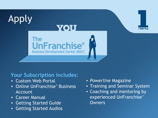 Apply




Your Subscription includes:
• Custom Web Portal              • Powerline Magazine
• Online UnFranchise™ Business   • Training and Seminar System
  Account                        • Coaching and mentoring by
• Career Manual                    experienced UnFranchise™
• Getting Started Guide            Owners
• Getting Started Audios
 
