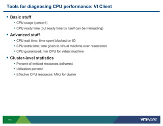 Tools for diagnosing CPU performance: VI Client

!  Basic stuff
       •  CPU usage (percent)
       •  CPU ready time (bu...