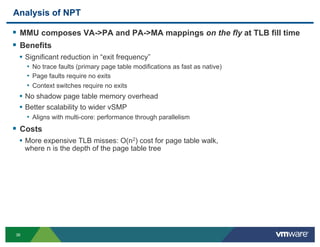 Analysis of NPT

!  MMU composes VA->PA and PA->MA mappings on the fly at TLB fill time
!  Benefits
 •  Significant reduct...