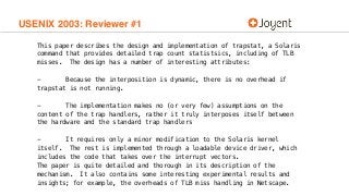 USENIX 2003: Reviewer #1
This paper describes the design and implementation of trapstat, a Solaris
command that provides d...