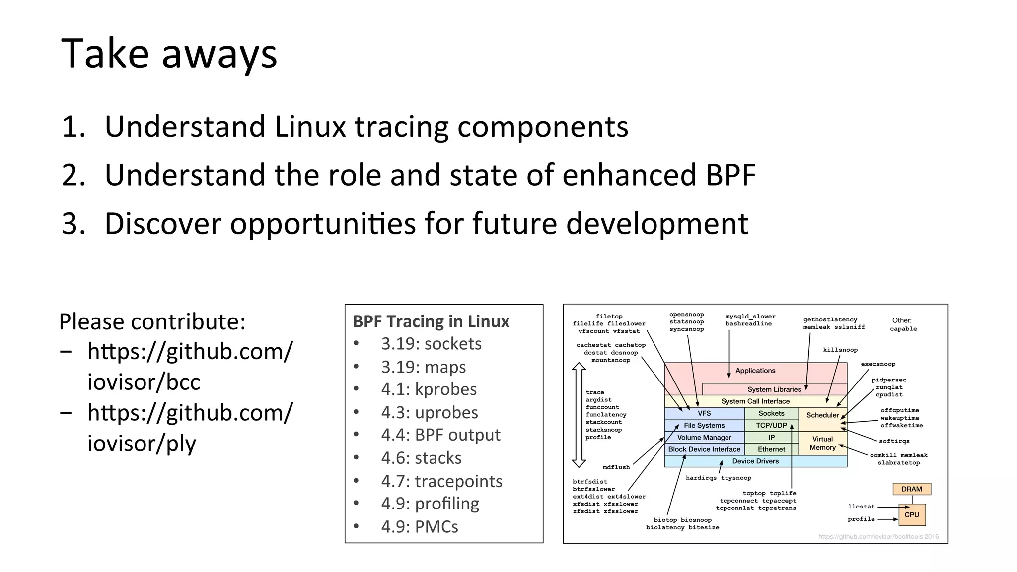 Take	aways	
1.  Understand	Linux	tracing	components	
2.  Understand	the	role	and	state	of	enhanced	BPF	
3.  Discover	opportuni?es	for	future	development	
BPF	Tracing	in	Linux	
•  3.19:	sockets	
•  3.19:	maps	
•  4.1:	kprobes	
•  4.3:	uprobes	
•  4.4:	BPF	output	
•  4.6:	stacks	
•  4.7:	tracepoints	
•  4.9:	proﬁling	
•  4.9:	PMCs	
Please	contribute:	
-  hbps://github.com/
iovisor/bcc	
-  hbps://github.com/
iovisor/ply	
 