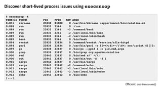 Discover	short-lived	process	issues	using	execsnoop
# execsnoop -t
TIME(s) PCOMM PID PPID RET ARGS
0.031 dirname 23832 23808 0 /usr/bin/dirname /apps/tomcat/bin/catalina.sh
0.888 run 23833 2344 0 ./run
0.889 run 23833 2344 -2 /command/bash
0.889 run 23833 2344 -2 /usr/local/bin/bash
0.889 run 23833 2344 -2 /usr/local/sbin/bash
0.889 bash 23833 2344 0 /bin/bash
0.894 svstat 23835 23834 0 /command/svstat /service/nflx-httpd
0.894 perl 23836 23834 0 /usr/bin/perl -e $l=<>;$l=~/(d+) sec/;print $1||0;
0.899 ps 23838 23837 0 /bin/ps --ppid 1 -o pid,cmd,args
0.900 grep 23839 23837 0 /bin/grep org.apache.catalina
0.900 sed 23840 23837 0 /bin/sed s/^ *//;
0.900 cut 23841 23837 0 /usr/bin/cut -d -f 1
0.901 xargs 23842 23837 0 /usr/bin/xargs
0.912 xargs 23843 23842 -2 /command/echo
0.912 xargs 23843 23842 -2 /usr/local/bin/echo
0.912 xargs 23843 23842 -2 /usr/local/sbin/echo
0.912 echo 23843 23842 0 /bin/echo
[...]
Eﬃcient:	only	traces	exec()	
 