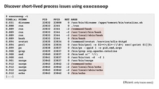 Discover	short-lived	process	issues	using	execsnoop	
# execsnoop -t
TIME(s) PCOMM PID PPID RET ARGS
0.031 dirname 23832 23808 0 /usr/bin/dirname /apps/tomcat/bin/catalina.sh
0.888 run 23833 2344 0 ./run
0.889 run 23833 2344 -2 /command/bash
0.889 run 23833 2344 -2 /usr/local/bin/bash
0.889 run 23833 2344 -2 /usr/local/sbin/bash
0.889 bash 23833 2344 0 /bin/bash
0.894 svstat 23835 23834 0 /command/svstat /service/nflx-httpd
0.894 perl 23836 23834 0 /usr/bin/perl -e $l=<>;$l=~/(d+) sec/;print $1||0;
0.899 ps 23838 23837 0 /bin/ps --ppid 1 -o pid,cmd,args
0.900 grep 23839 23837 0 /bin/grep org.apache.catalina
0.900 sed 23840 23837 0 /bin/sed s/^ *//;
0.900 cut 23841 23837 0 /usr/bin/cut -d -f 1
0.901 xargs 23842 23837 0 /usr/bin/xargs
0.912 xargs 23843 23842 -2 /command/echo
0.912 xargs 23843 23842 -2 /usr/local/bin/echo
0.912 xargs 23843 23842 -2 /usr/local/sbin/echo
0.912 echo 23843 23842 0 /bin/echo
[...]
Eﬃcient:	only	traces	exec()	
 