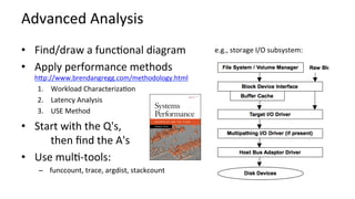 Advanced	Analysis	
•  Find/draw	a	func?onal	diagram	
•  Apply	performance	methods	
hbp://www.brendangregg.com/methodology.html	
1.  Workload	Characteriza?on	
2.  Latency	Analysis	
3.  USE	Method	
•  Start	with	the	Q's,	
						then	ﬁnd	the	A's	
•  Use	mul?-tools:	
–  funccount,	trace,	argdist,	stackcount	
e.g.,	storage	I/O	subsystem:	
 