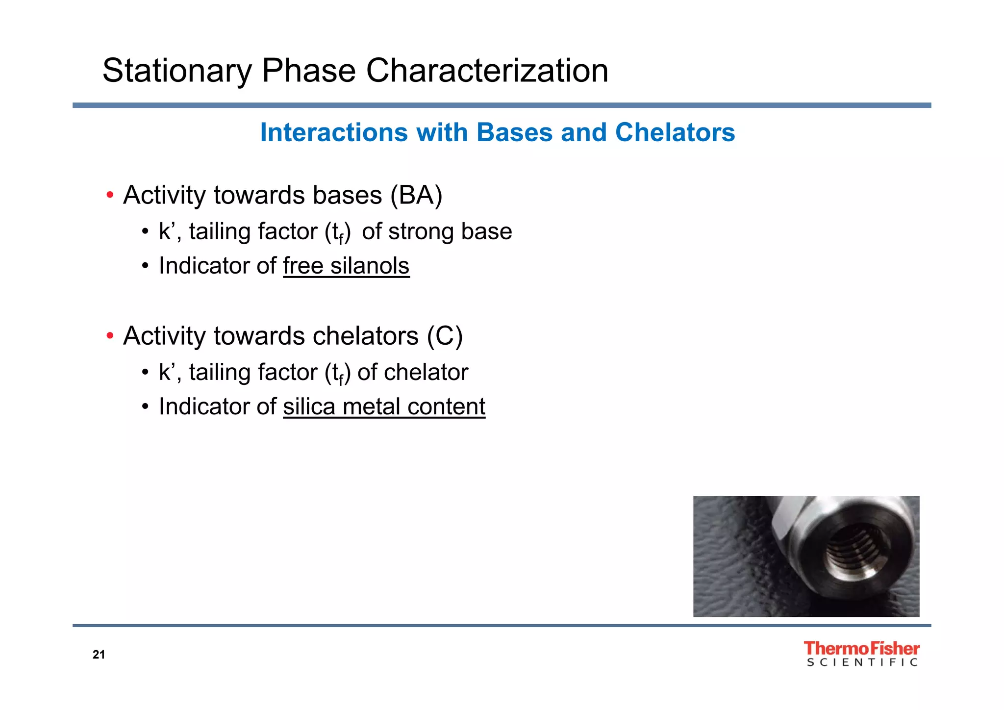 Stationary Phase Characterization
• Activity towards bases (BA)
Interactions with Bases and Chelators
• Activity towards bases (BA)
• k’, tailing factor (tf) of strong base
• Indicator of free silanols
• Activity towards chelators (C)
• k’, tailing factor (tf) of chelator
• Indicator of silica metal content
21
 