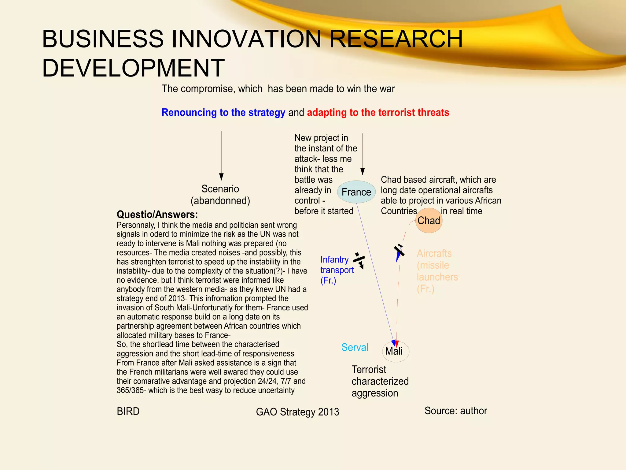 The compromise, which has been made to win the war
Renouncing to the strategy and adapting to the terrorist threats
Scenario
(abandonned)
Chad
Chad based aircraft, which are
long date operational aircrafts
able to project in various African
Countries in real time
Mali
Aircrafts
(missile
launchers
(Fr.)
Serval
France
Terrorist
characterized
aggression
Infantry
transport
(Fr.)
Questio/Answers:
Personnaly, I think the media and politician sent wrong
signals in oderd to minimize the risk as the UN was not
ready to intervene is Mali nothing was prepared (no
resources- The media created noises -and possibly, this
has strenghten terrorist to speed up the instability in the
instability- due to the complexity of the situation(?)- I have
no evidence, but I think terrorist were informed like
anybody from the western media- as they knew UN had a
strategy end of 2013- This infromation prompted the
invasion of South Mali-Unfortunatly for them- France used
an automatic response build on a long date on its
partnership agreement between African countries which
allocated military bases to France-
So, the shortlead time between the characterised
aggression and the short lead-time of responsiveness
From France after Mali asked assistance is a sign that
the French militarians were well awared they could use
their comarative advantage and projection 24/24, 7/7 and
365/365- which is the best wasy to reduce uncertainty
New project in
the instant of the
attack- less me
think that the
battle was
already in
control -
before it started
BIRD GAO Strategy 2013 Source: author
BUSINESS INNOVATION RESEARCH
DEVELOPMENT
 