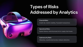Types of Risks
Addressed by Analytics
Credit risk, market volatility, fraudulent transactions.
Financial Risks:
System failures, internal process errors, supply chain issues.
Operational Risks:
Breaches, unauthorized access, malware detection.
Cybersecurity Risks:
 