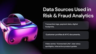 Data Sources Used in
Risk & Fraud Analytics
Transaction logs, payment data, digital
footprints.
Customer profiles & KYC documents.
Video series: "Connected Life", User story
spotlights, Interactive product guides
 
