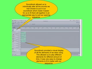 Soundtrack allowed us to
individually alter all the sounds we
      had chosen to put in our
  soundtrack which made it easier
 for us to fit them all together in an
appropriate way to suit our opening
                sequence.




                Soundtrack provided a visual display
                of all the elements of we were using.
                   This allowed us to play different
                   elements for different amount of
                  time. It was very easy to change
                   elements to fit in better with our
                              sequence.
 