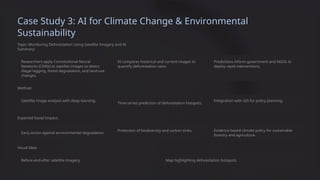 Case Study 3: AI for Climate Change & Environmental
Sustainability
Topic: Monitoring Deforestation Using Satellite Imagery and AI
Summary:
Researchers apply Convolutional Neural
Networks (CNNs) to satellite images to detect
illegal logging, forest degradation, and land-use
changes.
Method:
Satellite image analysis with deep learning.
Expected Social Impact:
Early action against environmental degradation.
AI compares historical and current images to
quantify deforestation rates.
Visual Idea:
Time-series prediction of deforestation hotspots.
Before-and-after satellite imagery.
Protection of biodiversity and carbon sinks.
Predictions inform government and NGOs to
deploy rapid interventions.
Map highlighting deforestation hotspots.
Integration with GIS for policy planning.
Evidence-based climate policy for sustainable
forestry and agriculture.
 