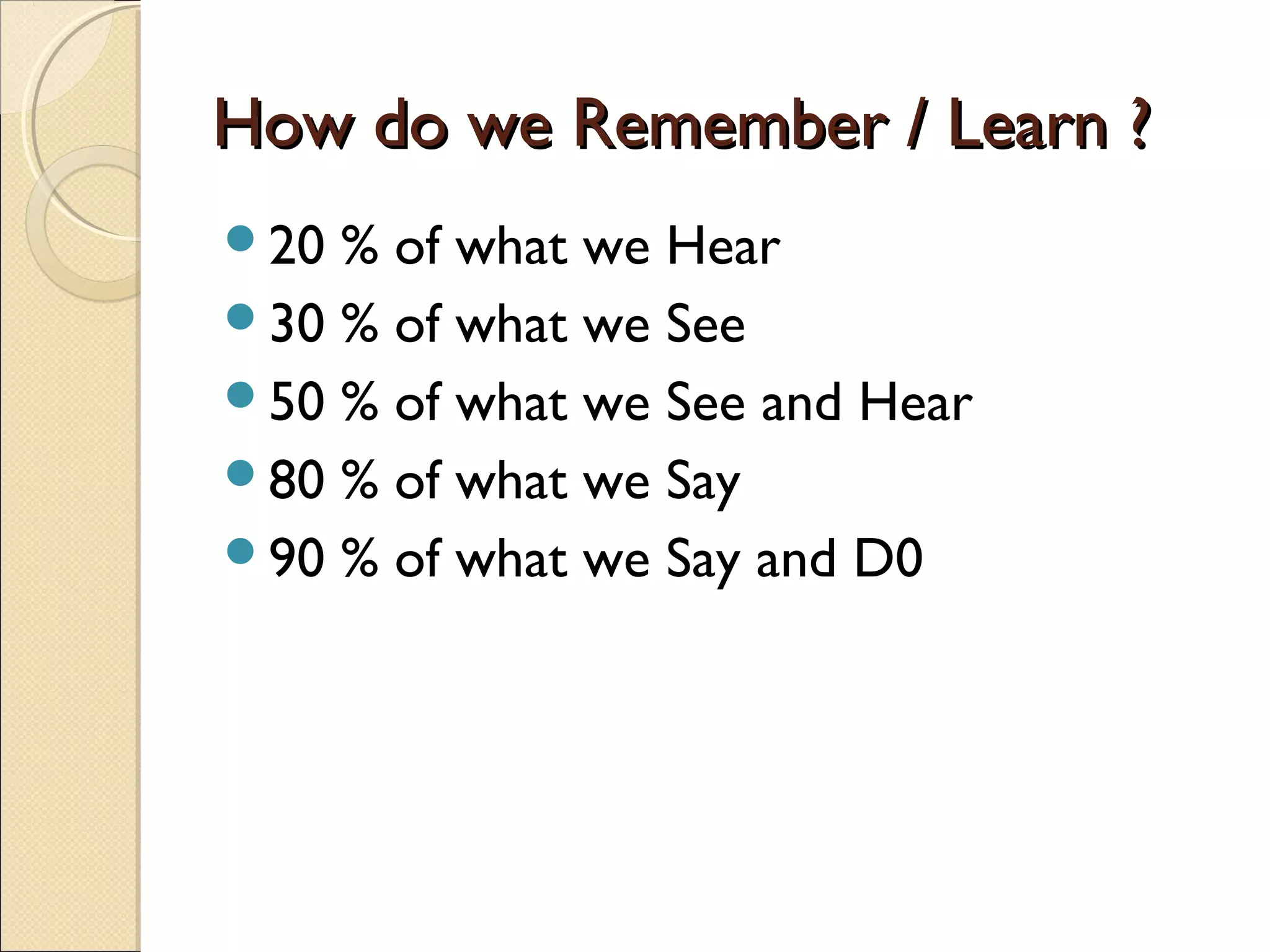 How do we Remember / Learn ?How do we Remember / Learn ?
20 % of what we Hear
30 % of what we See
50 % of what we See and Hear
80 % of what we Say
90 % of what we Say and D0