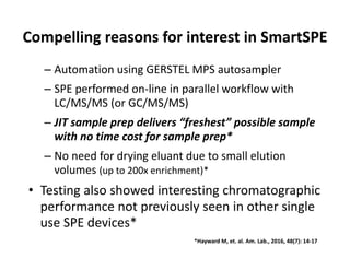 Compelling reasons for interest in SmartSPE
– Automation using GERSTEL MPS autosampler
– SPE performed on-line in parallel workflow with– SPE performed on-line in parallel workflow with
LC/MS/MS (or GC/MS/MS)
– JIT sample prep delivers “freshest” possible sample– JIT sample prep delivers “freshest” possible sample
with no time cost for sample prep*
– No need for drying eluant due to small elution– No need for drying eluant due to small elution
volumes (up to 200x enrichment)*
• Testing also showed interesting chromatographic• Testing also showed interesting chromatographic
performance not previously seen in other single
use SPE devices*
*Hayward M, et. al. Am. Lab., 2016, 48(7): 14-17
use SPE devices*
 