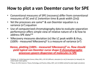 How to plot a van Deemter curve for SPE
• Conventional measures of SPE (recovery) differ from conventional
measures of GC and LC (retention time & peak width [2σ])
• Yet the processes are same* & van Deemter equation is a• Yet the processes are same* & van Deemter equation is a
variance (σ2) equation
• Use of computerized chromatography data to evaluate separation
performance offers simple view of relative nature of σ & how toperformance offers simple view of relative nature of σ & how to
address SPE data**
• %Recovery measures deviation (σ) like LC peak width & thus,
(100% - measured %Recovery)2 is a measure of variance (σ2)(100% - measured %Recovery)2 is a measure of variance (σ2)
Hence, plotting (100% - measured %Recovery)2 vs. flow should
yield typical van Deemter curve shape if chromatographicyield typical van Deemter curve shape if chromatographic
processes govern dispersion of molecules in SPE
*Giddings, JC, Unified Separation Science, Wiley 1991, p 92-101 (diffusion, adsorption [or not], & desorption [or delayed]), the
random walk model applies)random walk model applies)
**Neue, UD, HPLC Columns: Theory, Technology, and Practice, Wiley, 1997, p12-13 (%RSD method for plate height calculation)
 