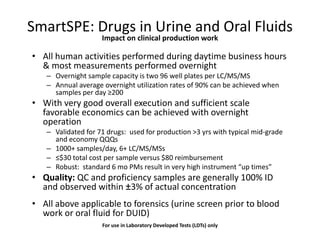 SmartSPE: Drugs in Urine and Oral Fluids
Impact on clinical production work
• All human activities performed during daytime business hours
& most measurements performed overnight
– Overnight sample capacity is two 96 well plates per LC/MS/MS– Overnight sample capacity is two 96 well plates per LC/MS/MS
– Annual average overnight utilization rates of 90% can be achieved when
samples per day ≥200
• With very good overall execution and sufficient scale
favorable economics can be achieved with overnight
•
favorable economics can be achieved with overnight
operation
– Validated for 71 drugs: used for production >3 yrs with typical mid-grade
and economy QQQsand economy QQQs
– 1000+ samples/day, 6+ LC/MS/MSs
– ≤$30 total cost per sample versus $80 reimbursement
– Robust: standard 6 mo PMs result in very high instrument “up times”– Robust: standard 6 mo PMs result in very high instrument “up times”
• Quality: QC and proficiency samples are generally 100% ID
and observed within ±3% of actual concentration
• All above applicable to forensics (urine screen prior to blood• All above applicable to forensics (urine screen prior to blood
work or oral fluid for DUID)
For use in Laboratory Developed Tests (LDTs) only
 