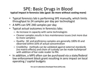 SPE: Basic Drugs in Blood
typical impact in forensics labs (goal: do more without costing more)
• Typical forensics lab is performing SPE manually, which limits
throughput to 24 samples per day per technologist
A MPS can SPE 240 samples per day
typical impact in forensics labs (goal: do more without costing more)
• A MPS can SPE 240 samples per day
• Typical actual outcomes in forensics labs:
– 4x increase in capacity with same technologists– 4x increase in capacity with same technologists
– Cleaner samples results in less maintenance issues (not more due
to more samples)
– Quality: QC and proficiency samples are generally 100% ID and– Quality: QC and proficiency samples are generally 100% ID and
observed within ±3% of actual concentration
– Credibility: methods can be validated against external standards
(no matrix effects) and chain of custody can be made bulletproof
with addition of bar code reader to PALwith addition of bar code reader to PAL
• In addition, a MPS often can be purchased via a state/federal
law enforcement block grant resulting in zero impact on local
operating / capital budgetsoperating / capital budgets
For use in Laboratory Developed Tests (LDTs) only
 