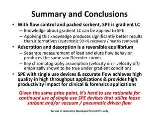 Summary and Conclusions
• With flow control and packed sorbent, SPE is gradient LC• With flow control and packed sorbent, SPE is gradient LC
– Knowledge about gradient LC can be applied to SPE
– Applying this knowledge produces significantly better results
than alternatives (
– Applying this knowledge produces significantly better results
than alternatives (systematic 99+% recovery / matrix removal)
• Adsorption and desorption is a reversible equilibrium
– Separate measurement of load and elute flow behavior– Separate measurement of load and elute flow behavior
produces the same van Deemter curves
– Key chromatography assumption (velocity on = velocity off)
empirically shown to be true under gradient conditionsempirically shown to be true under gradient conditions
• SPE with single use devices & accurate flow achieves high
quality in high throughput applications & provides high
productivity impact for clinical & forensics applicationsproductivity impact for clinical & forensics applications
Given the same price point, it’s hard to see rationale for
continued use of single use SPE devices that utilize loose
sorbent and/or vacuum / pneumatic driven flow
continued use of single use SPE devices that utilize loose
sorbent and/or vacuum / pneumatic driven flow
For use in Laboratory Developed Tests (LDTs) only
 