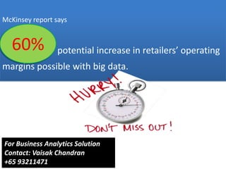 McKinsey report says
60 % potential increase in retailers’ operating
margins possible with big data.
60%
For Business Analytics Solution
Contact: Vaisak Chandran
+65 93211471