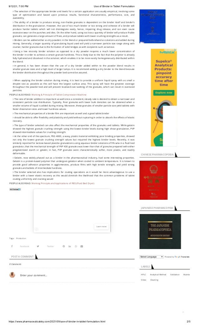 Use of binder in tablet formulation