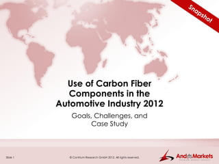 Use of Carbon Fiber
             Components in the
          Automotive Industry 2012
              Goals, Challenges, and
                    Case Study



Slide 1      © Contrium Research GmbH 2012. All rights reserved.
 