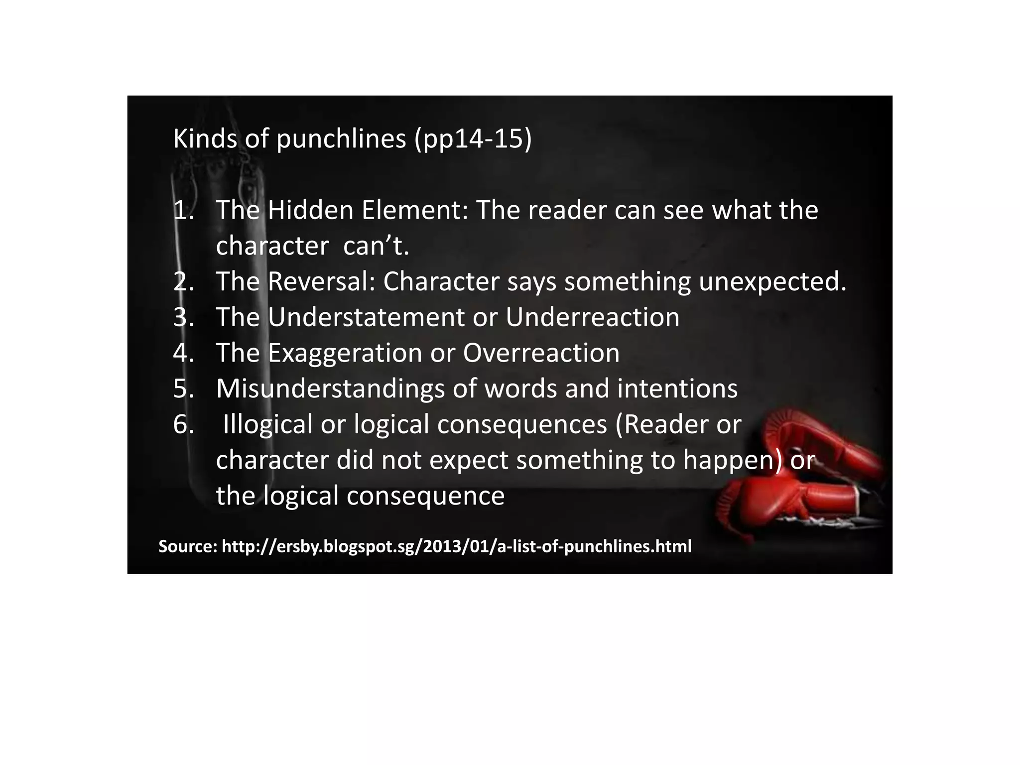 Kinds of punchlines (pp14-15)
1. The Hidden Element: The reader can see what the
character can’t.
2. The Reversal: Character says something unexpected.
3. The Understatement or Underreaction
4. The Exaggeration or Overreaction
5. Misunderstandings of words and intentions
6. Illogical or logical consequences (Reader or
character did not expect something to happen) or
the logical consequence
Source: http://ersby.blogspot.sg/2013/01/a-list-of-punchlines.html
 