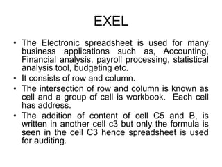 EXEL
• The Electronic spreadsheet is used for many
business applications such as, Accounting,
Financial analysis, payroll ...