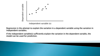 Regression is the attempt to explain the variation in a dependent variable using the variation in
independent variables.
If the independent variable(s) sufficiently explain the variation in the dependent variable, the
model can be used for prediction.
Independent variable (x)
Dependent
variable
 