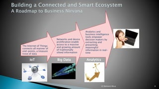 The Internet of Things
connects all manner of
end-points, a treasure
trove of data
Networks and device
proliferation enable
access to a massive
and growing amount
of traditionally
siloed information
Analytics and
business intelligence
tools empower
decision makers by
extracting and
presenting
meaningful
information in real-
time
IoT Big Data Analytics
(C) Bohitesh Misra 8
 