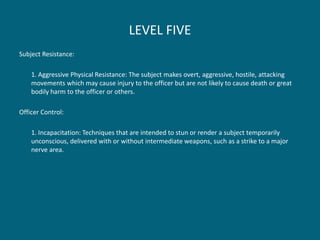 LEVEL FIVE 
Subject Resistance: 
1. Aggressive Physical Resistance: The subject makes overt, aggressive, hostile, attacking movements which may cause injury to the officer but are not likely to cause death or great bodily harm to the officer or others. 
Officer Control: 
1. Incapacitation: Techniques that are intended to stun or render a subject temporarily unconscious, delivered with or without intermediate weapons, such as a strike to a major nerve area.  