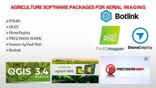 AGRICULTURESOFTWAREPACKAGESFOR AERIAL IMAGING
PIX4D
QGIS
DroneDeploy
PRECISION HAWK
Sentera AgVaultWeb
Botlink
 