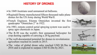 HISTORY OF DRONES
In 1849 Austrians used unmanned air balloons.
Reginald Denny manufactured fifteen thousand radio plane
drones for the US Army during World WarII.
French Engineer, Etienne Omnichen invented the first
quadcopter “Omnichen 2” in 1922.
In 1983, remote control aerial spraying system was used to
spray agro chemicals in Japan.
The R-50 was the world’s first unmanned helicopter for
crop dusting capable of carrying a 20 kg payload.
The well-documented potential for drones to revolutionize
agriculture reached its zenith in 2015.
The value of global drone sales reached USD $8.5bn in
2016 and is expected to surpass USD $12bn by 2021.
 