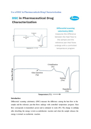 Use of DSC in Pharmaceuticals Drug Characterisation
Introduction
Differential scanning calorimetry (DSC) measure the difference among the heat flow to the
sample and the reference pan that flows undergo with controlled temperature program. Heat
flow corresponds to transmitted power and is estimated in watts (W). The change in enthalpy
after absorbing the energy is term as endothermic reaction and when the sample releases the
energy is termed as exothermic reaction.
 