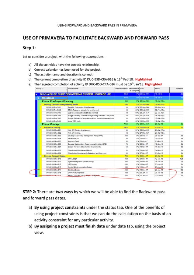 Use of forward pass and backward pass in primavera | PDF