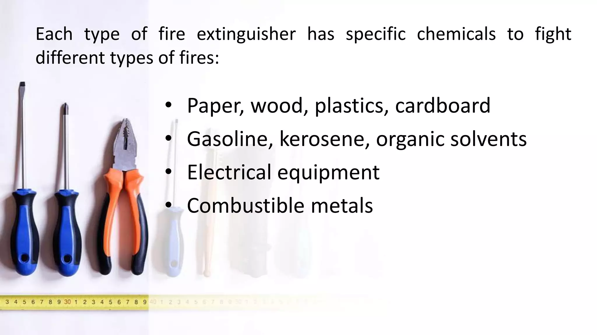 • Paper, wood, plastics, cardboard
• Gasoline, kerosene, organic solvents
• Electrical equipment
• Combustible metals
Each type of fire extinguisher has specific chemicals to fight
different types of fires:
 
