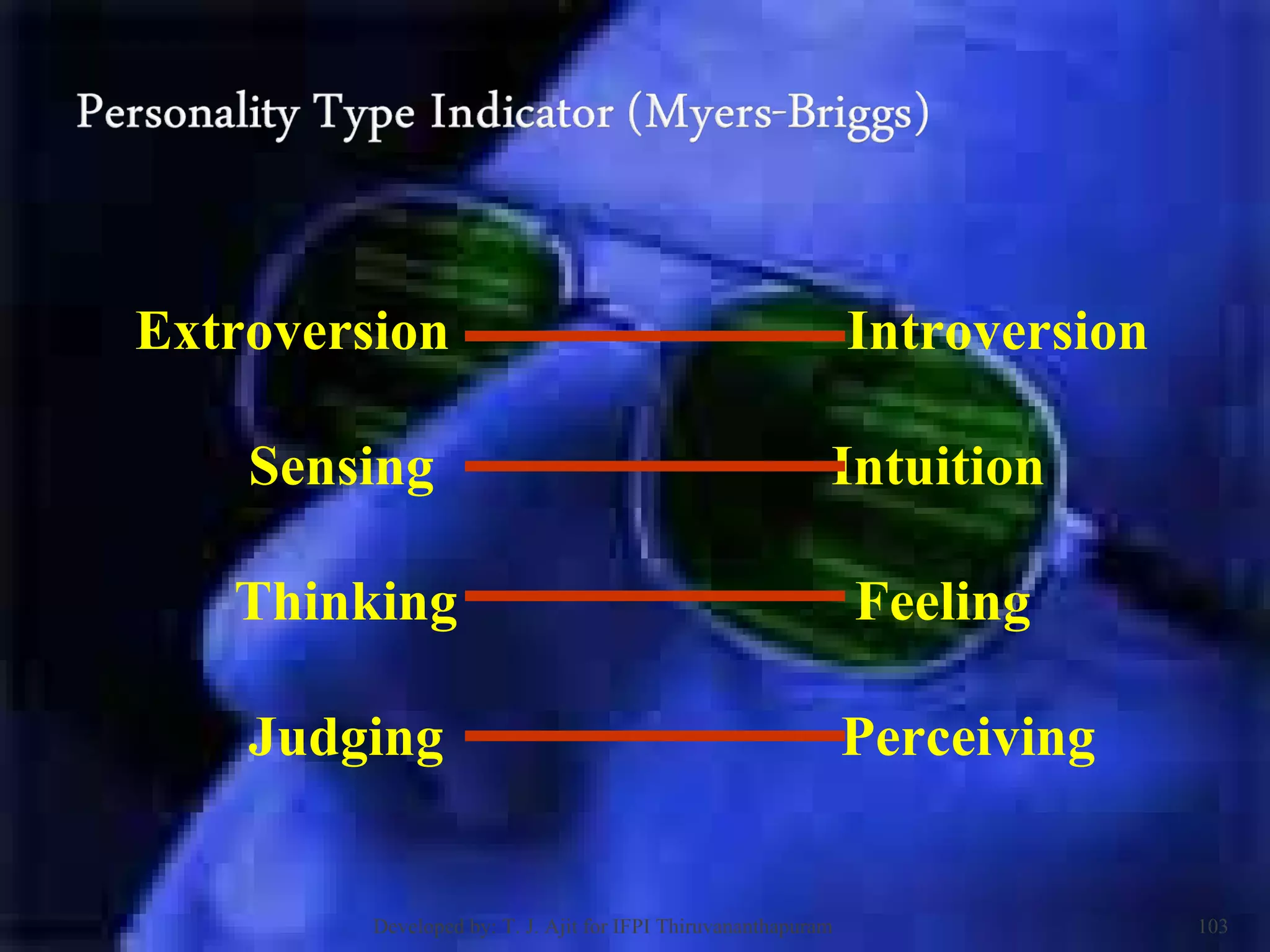 Extroversion  Introversion Sensing  Intuition Thinking  Feeling Judging  Perceiving Developed by: T. J. Ajit for IFPI Thiruvananthapuram  