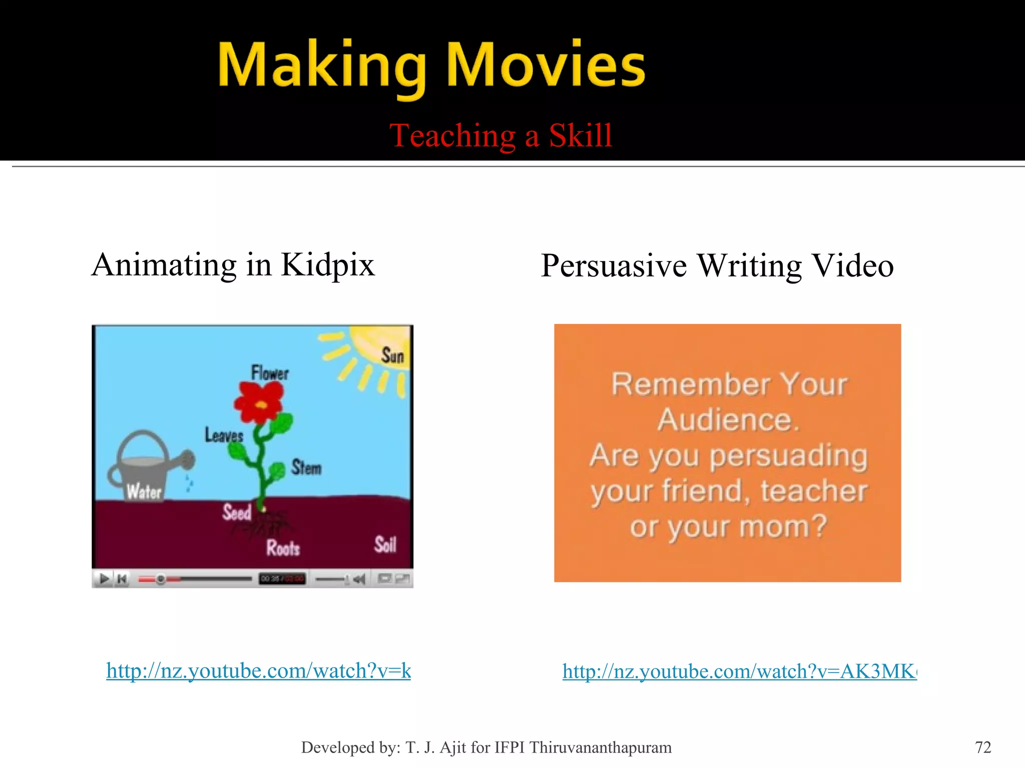 Teaching a Skill Animating in Kidpix http://nz.youtube.com/watch?v=AK3MK6QdvWk Persuasive Writing Video http://nz.youtube.com/watch?v=ktdwS9R4M7I Developed by: T. J. Ajit for IFPI Thiruvananthapuram  