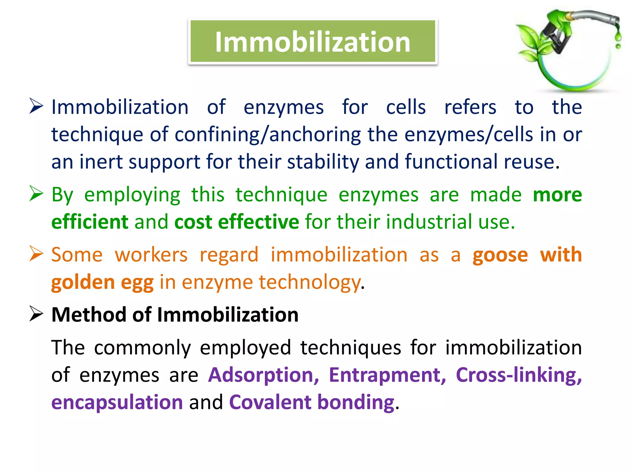 Immobilization
 Immobilization of enzymes for cells refers to the
technique of confining/anchoring the enzymes/cells in or
an inert support for their stability and functional reuse.
 By employing this technique enzymes are made more
efficient and cost effective for their industrial use.
 Some workers regard immobilization as a goose with
golden egg in enzyme technology.
 Method of Immobilization
The commonly employed techniques for immobilization
of enzymes are Adsorption, Entrapment, Cross-linking,
encapsulation and Covalent bonding.
 
