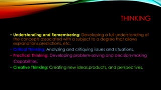THINKING
• Understanding and Remembering: Developing a full understanding of
the concepts associated with a subject to a degree that allows
explanations,predictions, etc.
• Critical Thinking: Analyzing and critiquing issues and situations.
• Practical Thinking: Developing problem-solving and decision-making
Capabilities.
• Creative Thinking: Creating new ideas,products, and perspectives.
 