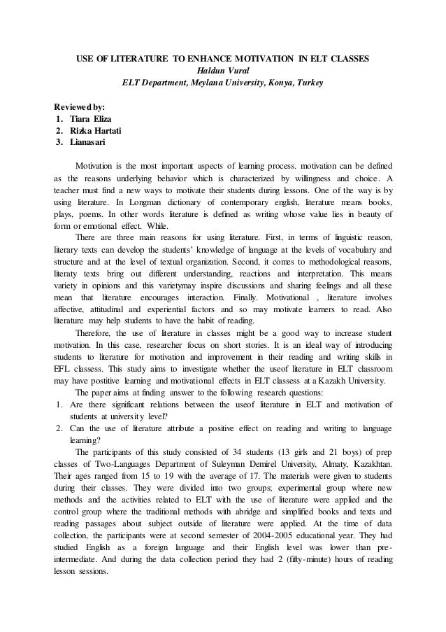Use of literature to enhance motivation in elt classes