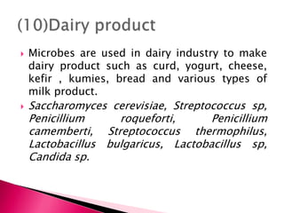  Microbes are used in dairy industry to make
dairy product such as curd, yogurt, cheese,
kefir , kumies, bread and various types of
milk product.
 Saccharomyces cerevisiae, Streptococcus sp,
Penicillium roqueforti, Penicillium
camemberti, Streptococcus thermophilus,
Lactobacillus bulgaricus, Lactobacillus sp,
Candida sp.
 