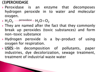 (3)PEROXIDASE
 Peroxidase is an enzyme that decomposes
hydrogen peroxide in to water and molecular
oxygen.
 H2O2
peroxidase H2O+O2
 They are named after the fact that they commonly
break up peroxides (toxic substances) and form
non-toxic substance
 Hydrogen peroxide is a by-product of using
oxygen for respiration.
 USES:-In decomposition of pollutants, paper
industries, dye decolorization, sewage treatment,
treatment of industrial waste water
 