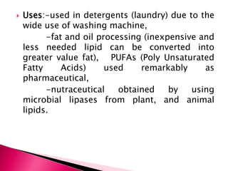  Uses:-used in detergents (laundry) due to the
wide use of washing machine,
-fat and oil processing (inexpensive and
less needed lipid can be converted into
greater value fat), PUFAs (Poly Unsaturated
Fatty Acids) used remarkably as
pharmaceutical,
-nutraceutical obtained by using
microbial lipases from plant, and animal
lipids.
 
