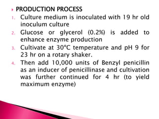  PRODUCTION PROCESS
1. Culture medium is inoculated with 19 hr old
inoculum culture
2. Glucose or glycerol (0.2%) is added to
enhance enzyme production
3. Cultivate at 30ºC temperature and pH 9 for
23 hr on a rotary shaker.
4. Then add 10,000 units of Benzyl penicillin
as an inducer of penicillinase and cultivation
was further continued for 4 hr (to yield
maximum enzyme)
 