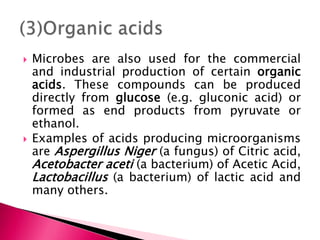  Microbes are also used for the commercial
and industrial production of certain organic
acids. These compounds can be produced
directly from glucose (e.g. gluconic acid) or
formed as end products from pyruvate or
ethanol.
 Examples of acids producing microorganisms
are Aspergillus Niger (a fungus) of Citric acid,
Acetobacter aceti (a bacterium) of Acetic Acid,
Lactobacillus (a bacterium) of lactic acid and
many others.
 