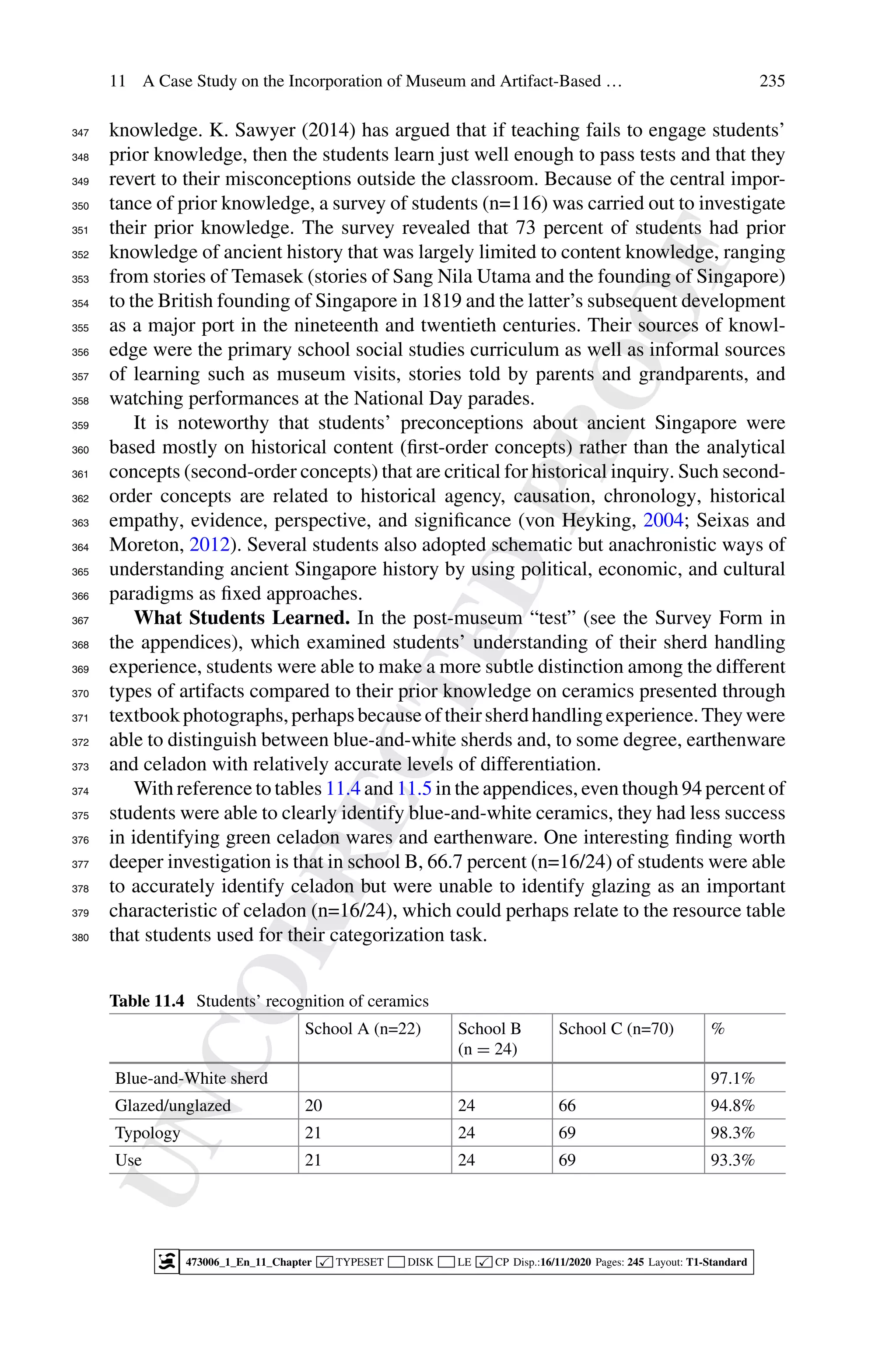 U
N
C
O
R
R
E
C
T
E
D
P
R
O
O
F
11 A Case Study on the Incorporation of Museum and Artifact-Based … 235
knowledge. K. Sawyer (2014) has argued that if teaching fails to engage students’
347
prior knowledge, then the students learn just well enough to pass tests and that they
348
revert to their misconceptions outside the classroom. Because of the central impor-
349
tance of prior knowledge, a survey of students (n=116) was carried out to investigate
350
their prior knowledge. The survey revealed that 73 percent of students had prior
351
knowledge of ancient history that was largely limited to content knowledge, ranging
352
from stories of Temasek (stories of Sang Nila Utama and the founding of Singapore)
353
to the British founding of Singapore in 1819 and the latter’s subsequent development
354
as a major port in the nineteenth and twentieth centuries. Their sources of knowl-
355
edge were the primary school social studies curriculum as well as informal sources
356
of learning such as museum visits, stories told by parents and grandparents, and
357
watching performances at the National Day parades.
358
It is noteworthy that students’ preconceptions about ancient Singapore were
359
based mostly on historical content (first-order concepts) rather than the analytical
360
concepts (second-order concepts) that are critical for historical inquiry. Such second-
361
order concepts are related to historical agency, causation, chronology, historical
362
empathy, evidence, perspective, and significance (von Heyking, 2004; Seixas and
363
Moreton, 2012). Several students also adopted schematic but anachronistic ways of
364
understanding ancient Singapore history by using political, economic, and cultural
365
paradigms as fixed approaches.
366
What Students Learned. In the post-museum “test” (see the Survey Form in
367
the appendices), which examined students’ understanding of their sherd handling
368
experience, students were able to make a more subtle distinction among the different
369
types of artifacts compared to their prior knowledge on ceramics presented through
370
textbookphotographs,perhapsbecauseoftheirsherdhandlingexperience.Theywere
371
able to distinguish between blue-and-white sherds and, to some degree, earthenware
372
and celadon with relatively accurate levels of differentiation.
373
With reference to tables 11.4 and 11.5 in the appendices, even though 94 percent of
374
students were able to clearly identify blue-and-white ceramics, they had less success
375
in identifying green celadon wares and earthenware. One interesting finding worth
376
deeper investigation is that in school B, 66.7 percent (n=16/24) of students were able
377
to accurately identify celadon but were unable to identify glazing as an important
378
characteristic of celadon (n=16/24), which could perhaps relate to the resource table
379
that students used for their categorization task.
380
Table 11.4 Students’ recognition of ceramics
School A (n=22) School B
(n = 24)
School C (n=70) %
Blue-and-White sherd 97.1%
Glazed/unglazed 20 24 66 94.8%
Typology 21 24 69 98.3%
Use 21 24 69 93.3%
473006_1_En_11_Chapter  TYPESET DISK LE  CP Disp.:16/11/2020 Pages: 245 Layout: T1-Standard
 