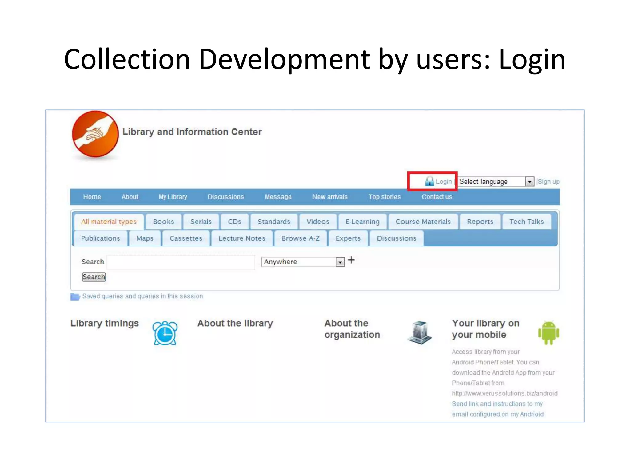Collection Development by users: Login 