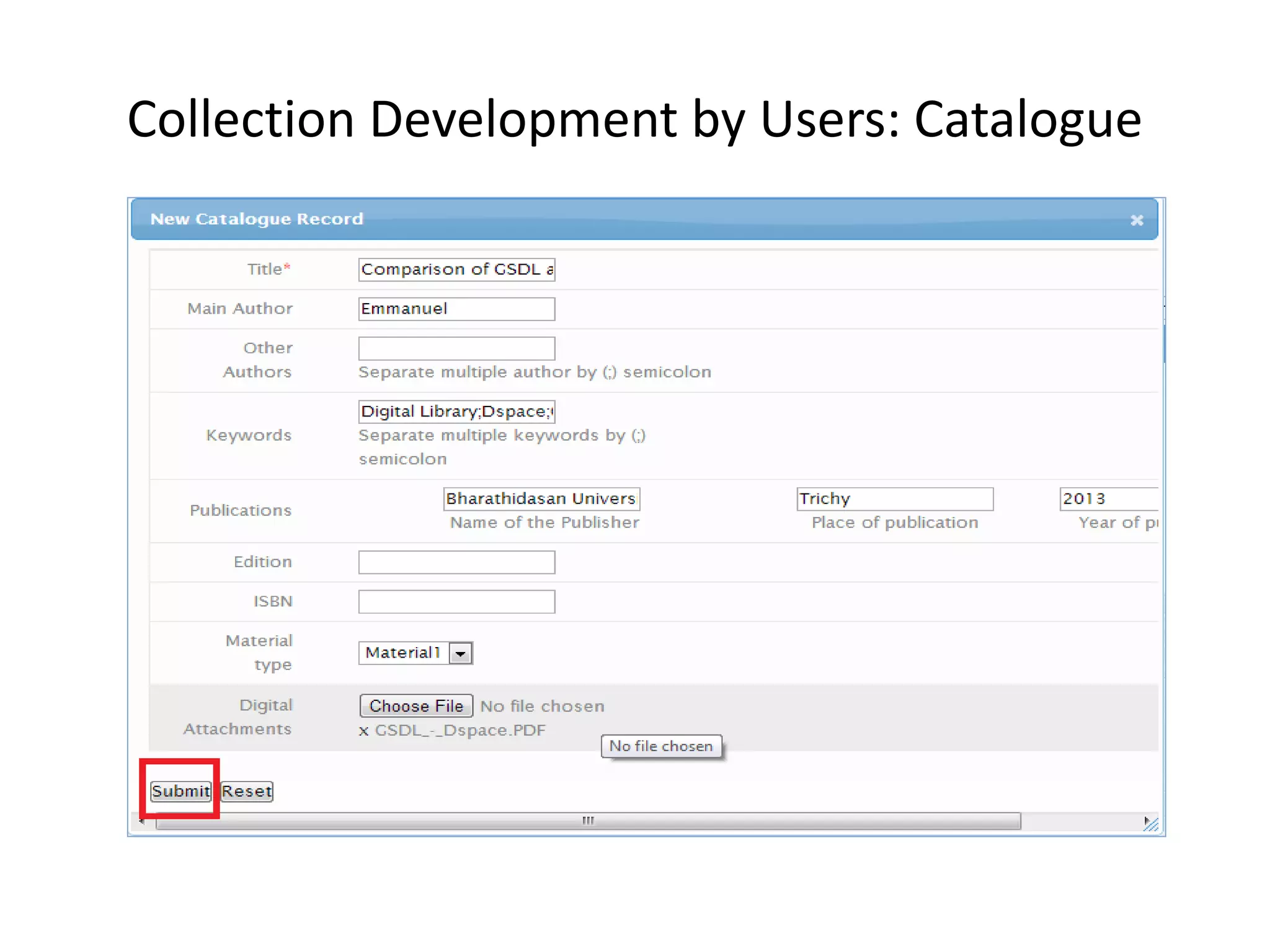 Collection Development by Users: Catalogue 