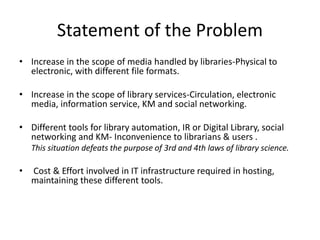 Statement of the Problem 
• Increase in the scope of media handled by libraries-Physical to 
electronic, with different file formats. 
• Increase in the scope of library services-Circulation, electronic 
media, information service, KM and social networking. 
• Different tools for library automation, IR or Digital Library, social 
networking and KM- Inconvenience to librarians & users . 
This situation defeats the purpose of 3rd and 4th laws of library science. 
• Cost & Effort involved in IT infrastructure required in hosting, 
maintaining these different tools. 
 