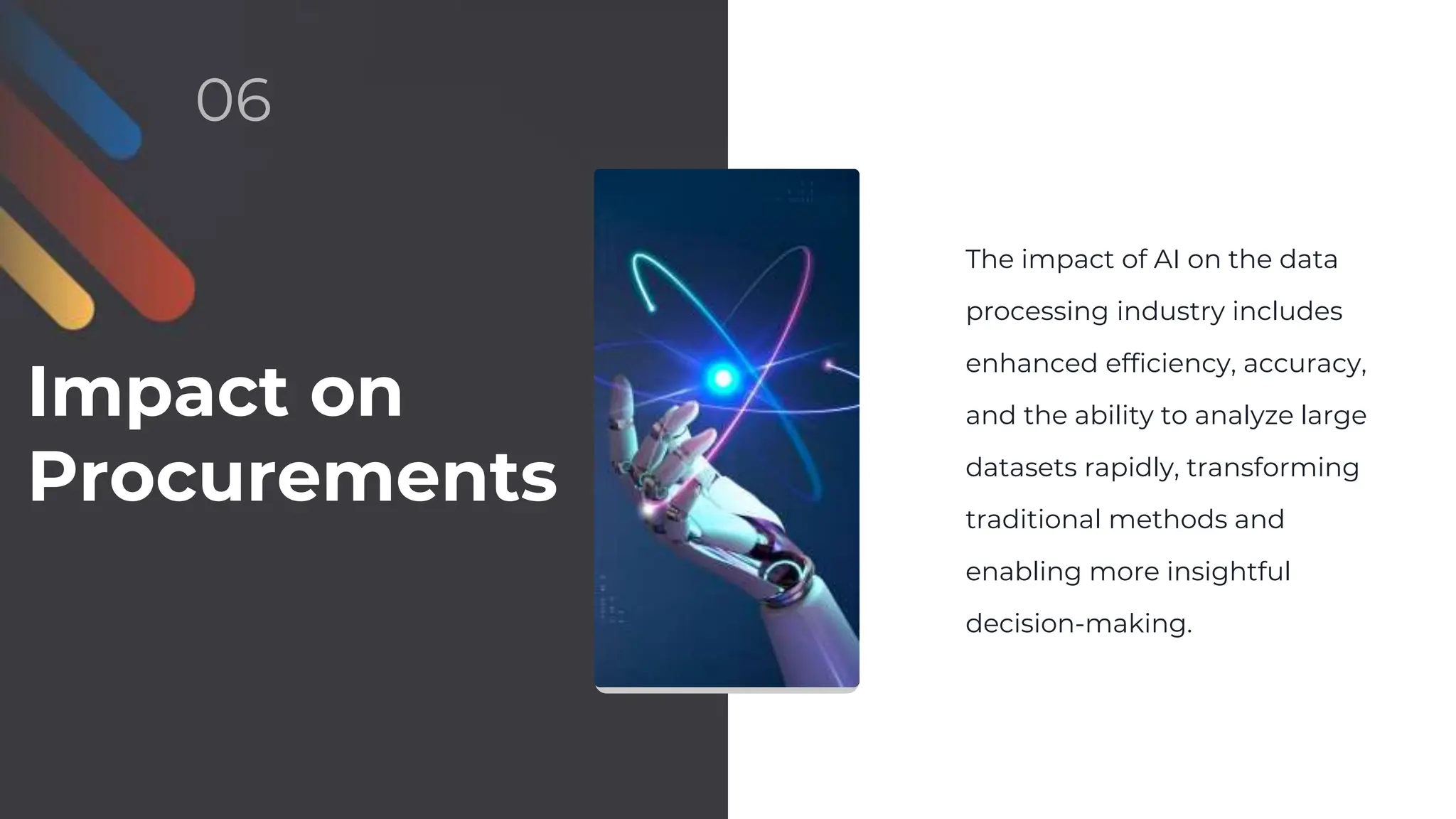 The impact of AI on the data
processing industry includes
enhanced efficiency, accuracy,
and the ability to analyze large
datasets rapidly, transforming
traditional methods and
enabling more insightful
decision-making.
Impact on
Procurements
06
 