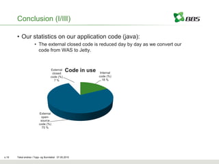 Conclusion (I/III)

       • Our statistics on our application code (java):
                     • The external closed code is reduced day by day as we convert our
                       code from WAS to Jetty.


                                   External
                                    closed
                                               Code in use    Internal
                                   code (%)                  code (%)
                                     7%                        18 %




                         External
                          open-
                          source
                         code (%)
                           75 %




s.19   Tekst endres i Topp- og Bunntekst 07.05.2010
 